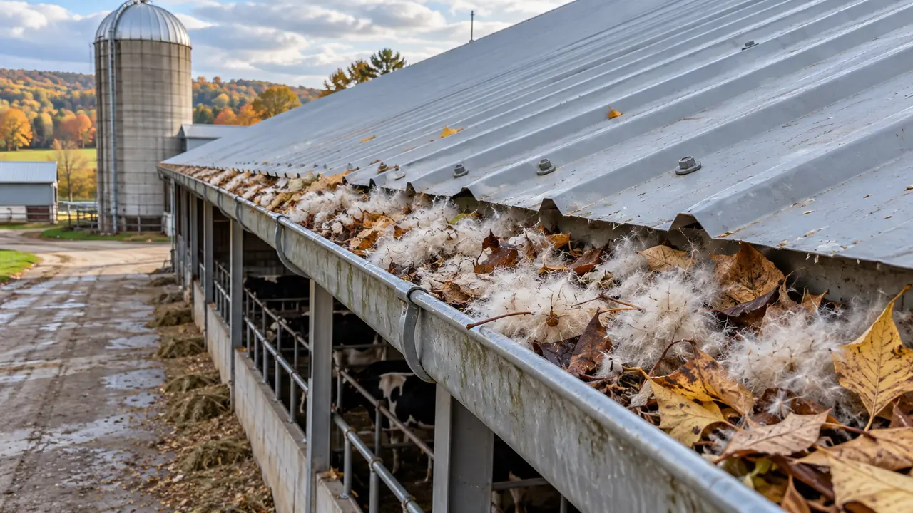 Leaves and debris packed in the gutter of a metal roof